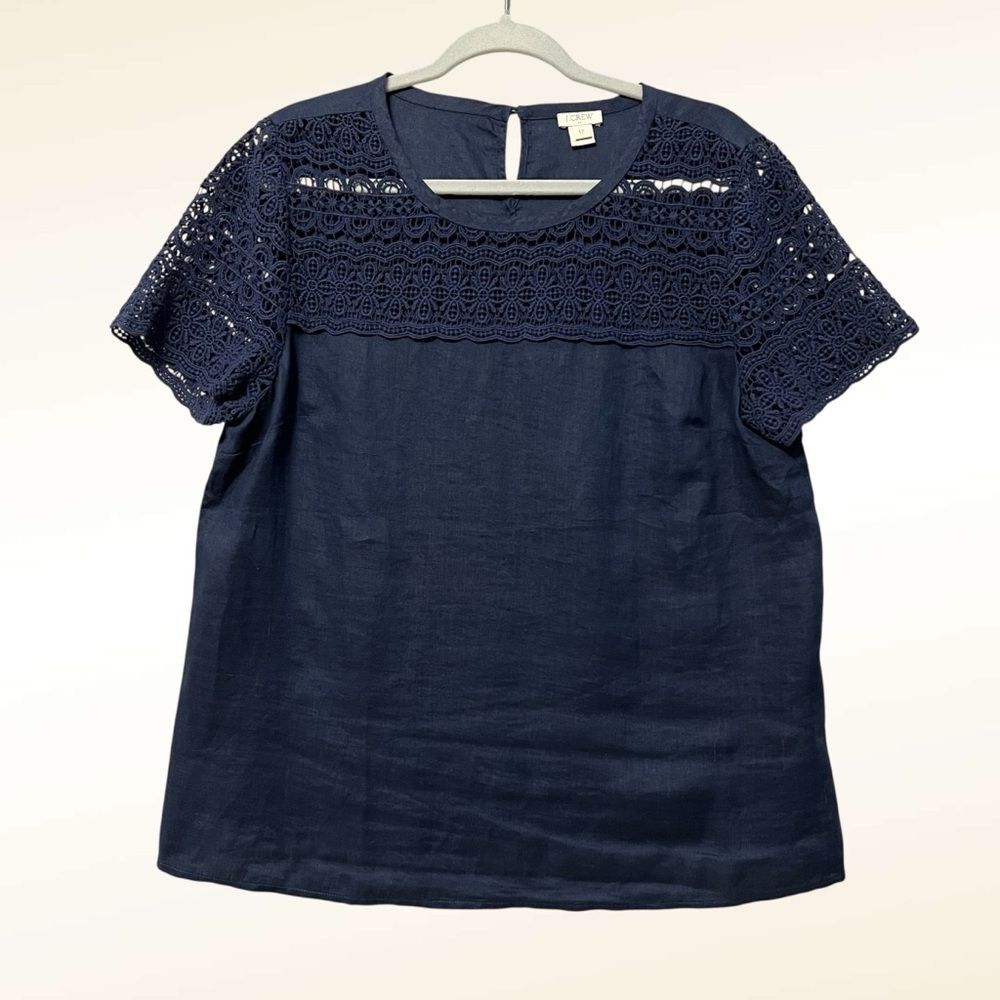 Crochet Yoke Navy Short Sleeve Women’s Top